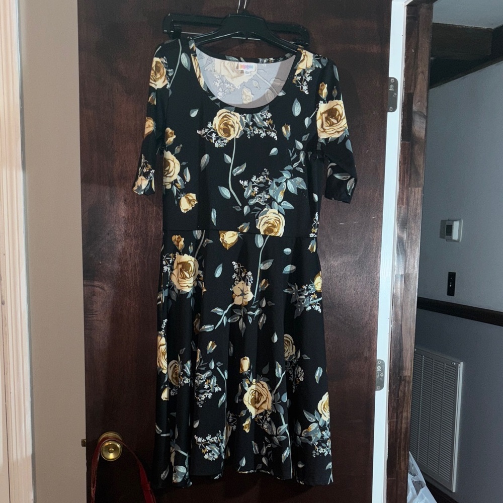 LuLaRoe Black Midi Dress with Yellow Floral Pattern